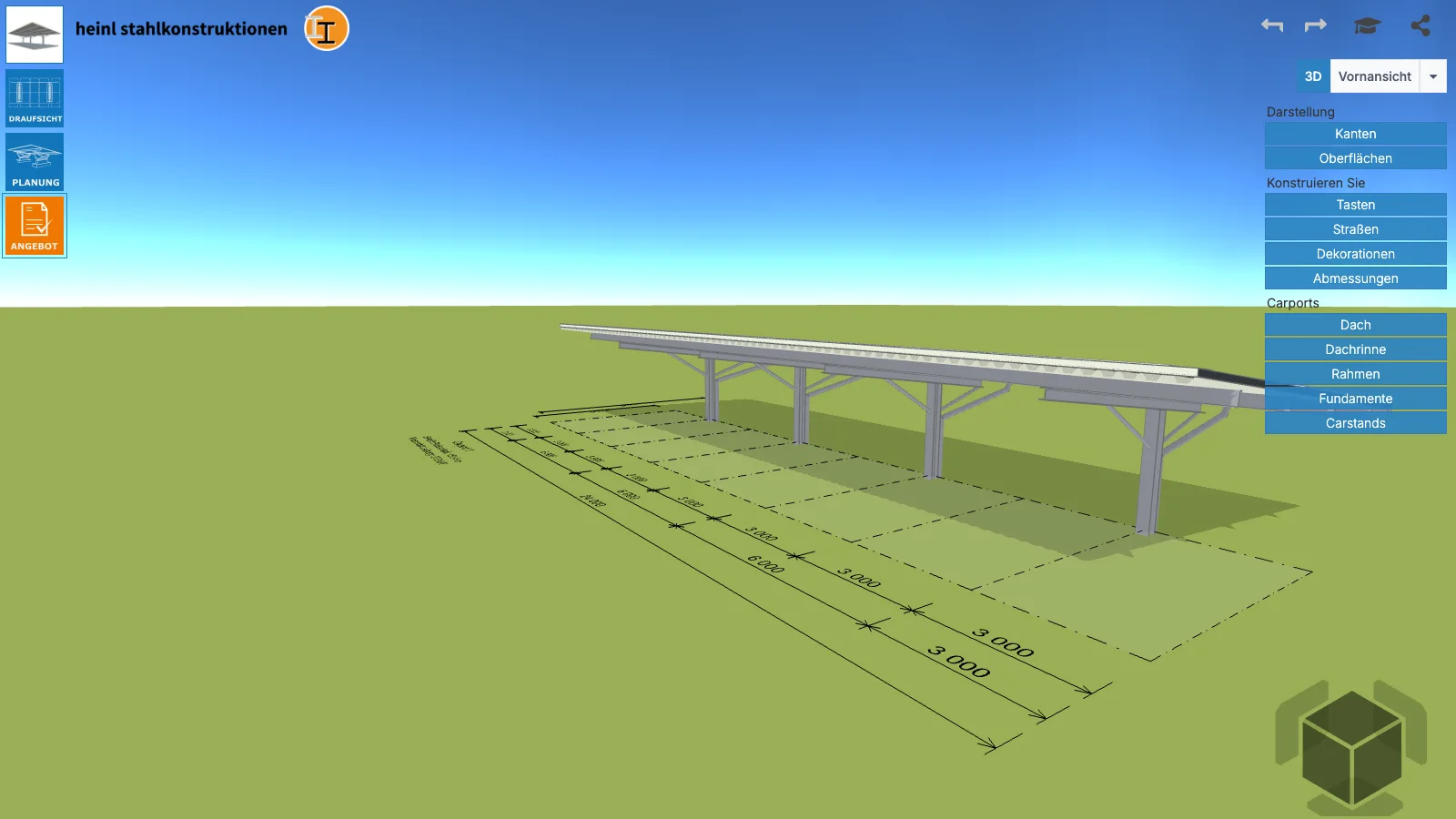 Bildschirmfoto des 3D-Konfigurators: Solar-Carport T2 mit Maßketten auf einer Wiese