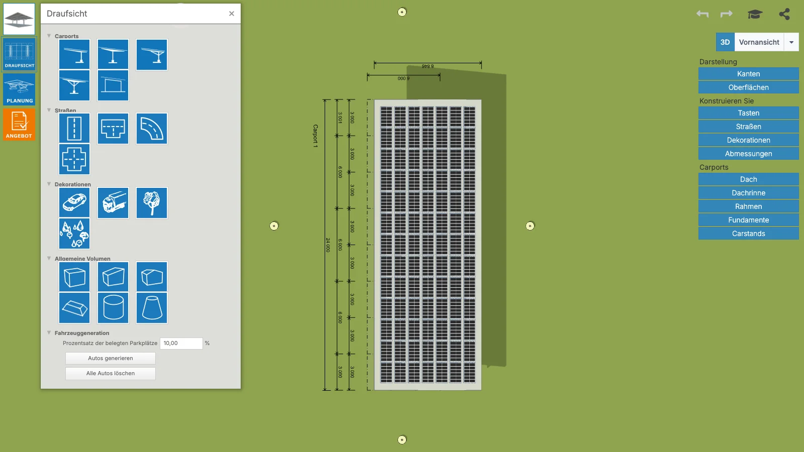 Draufsicht im Konfigurator mit PV-Modulen auf dem Dach