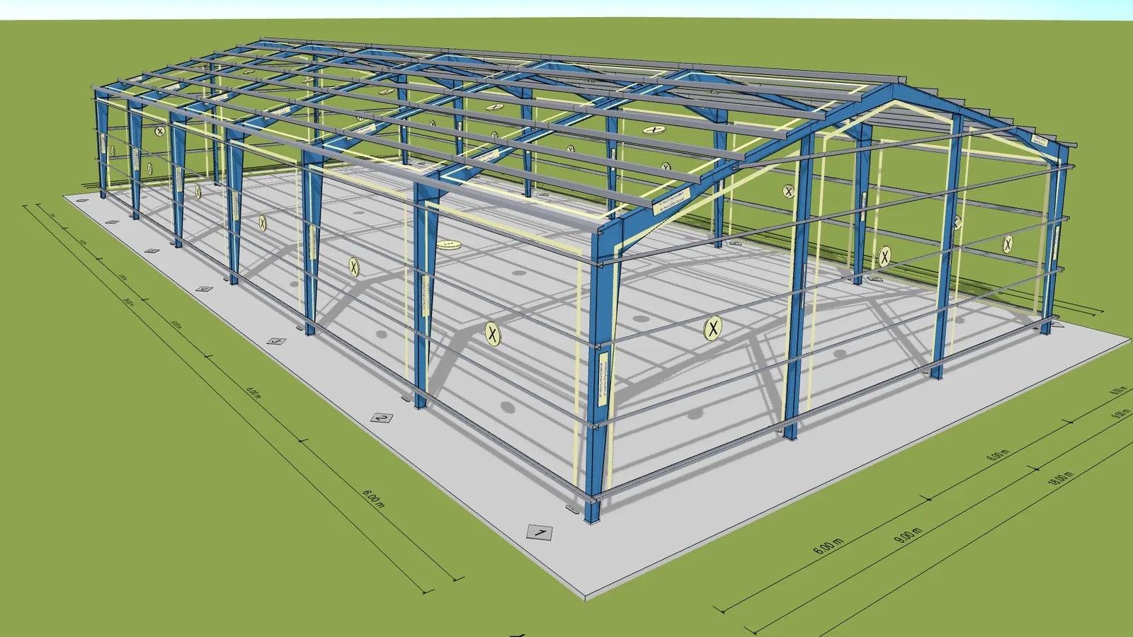Hallenkonfigurator in 3D: Stahltragwerk einer Stahlhalle mit Satteldach und Maßketten