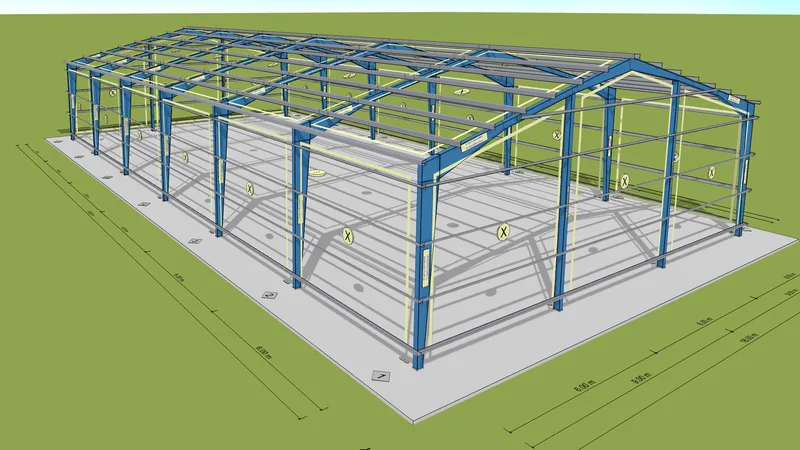 Hallenkonfigurator: Stahlkonstruktion einer Halle mit Satteldach in 3D