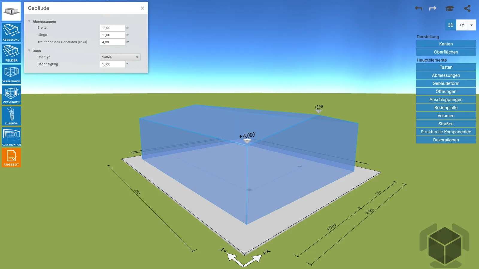 Halle in 3D mit dem Fenster für Breite, Länge, Traufhöhe und Dachneigung