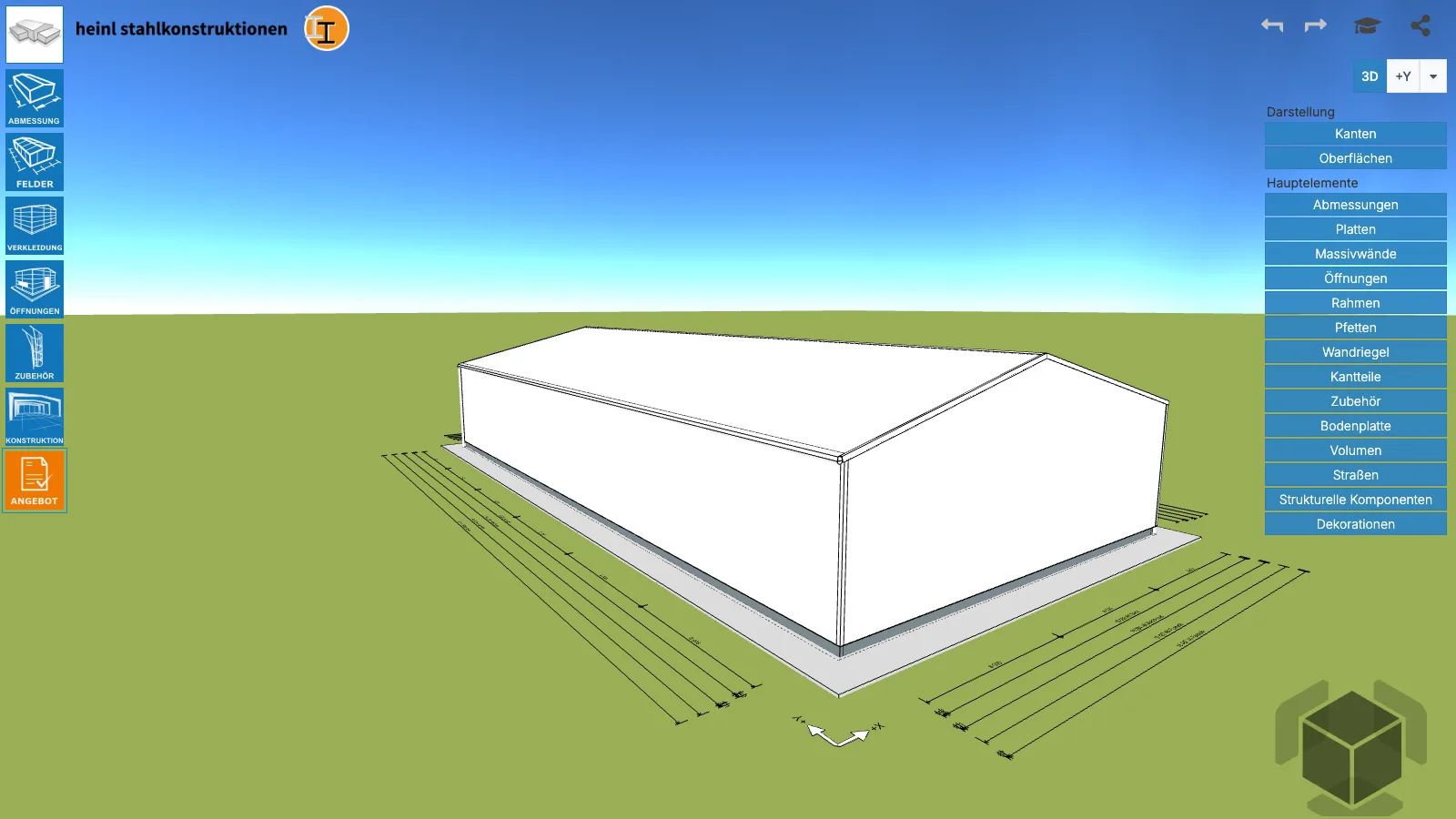 Bildschirmfoto des Konfigurators: verkleidete Halle mit Satteldach in 3D, rechts die Schalter für Rahmen, Pfetten, Wandriegel und weitere Bauteile