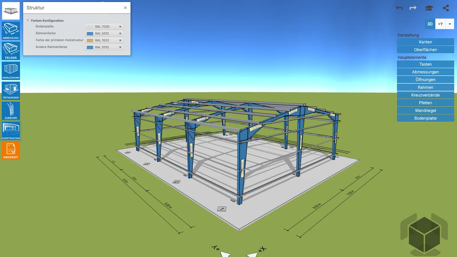Stahltragwerk der Halle in 3D mit blauen Rahmen, Pfetten und Wandriegeln