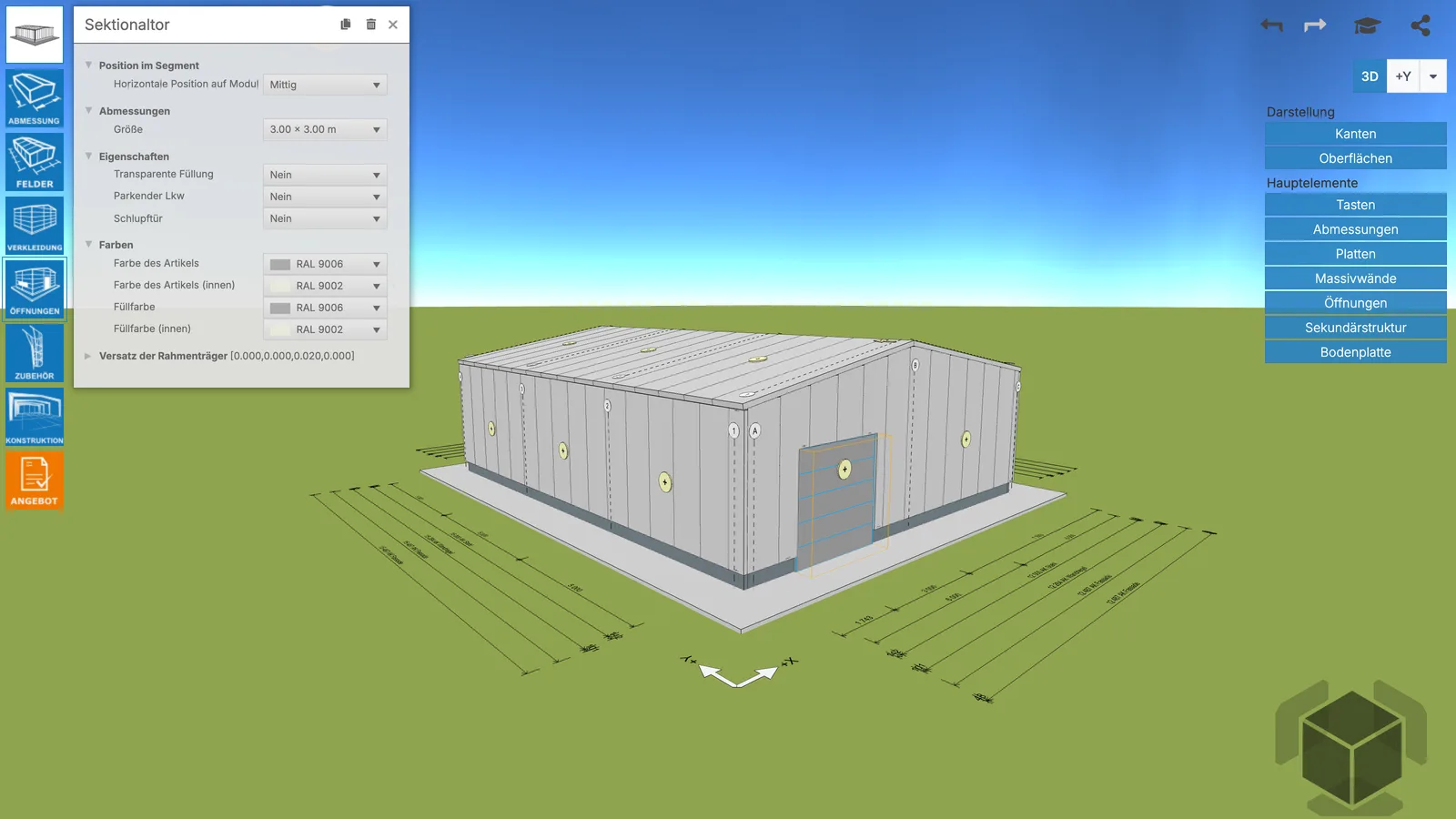 Halle in 3D mit eingesetztem Sektionaltor und dem Fenster für Größe, Schlupftür und Farben