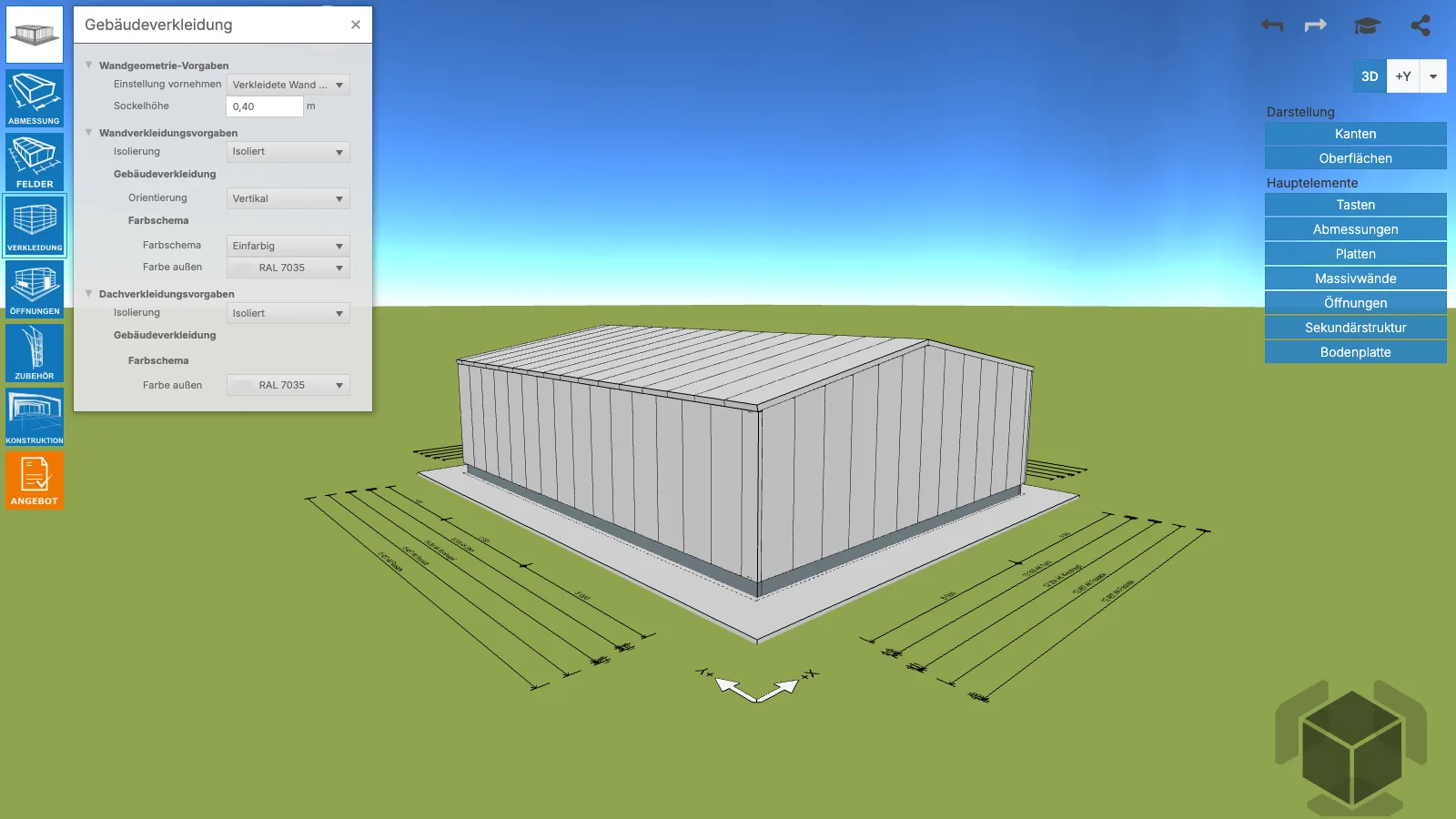 Halle in 3D mit dem Fenster für Wand- und Dachverkleidung und RAL-Farben