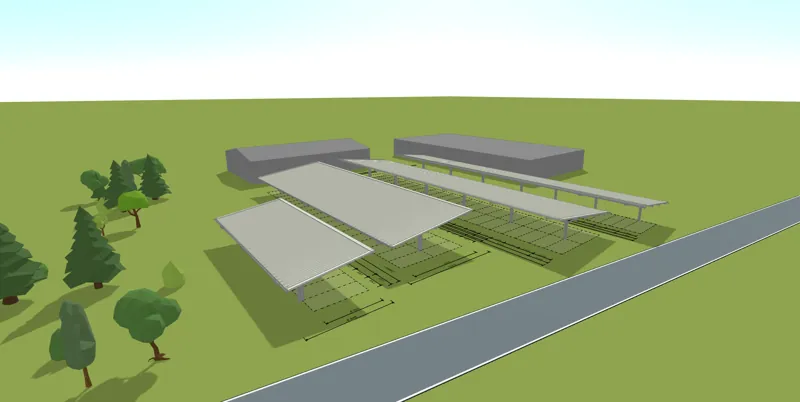 3D-Modell einer Parkplatzanlage mit mehreren Carport-Reihen